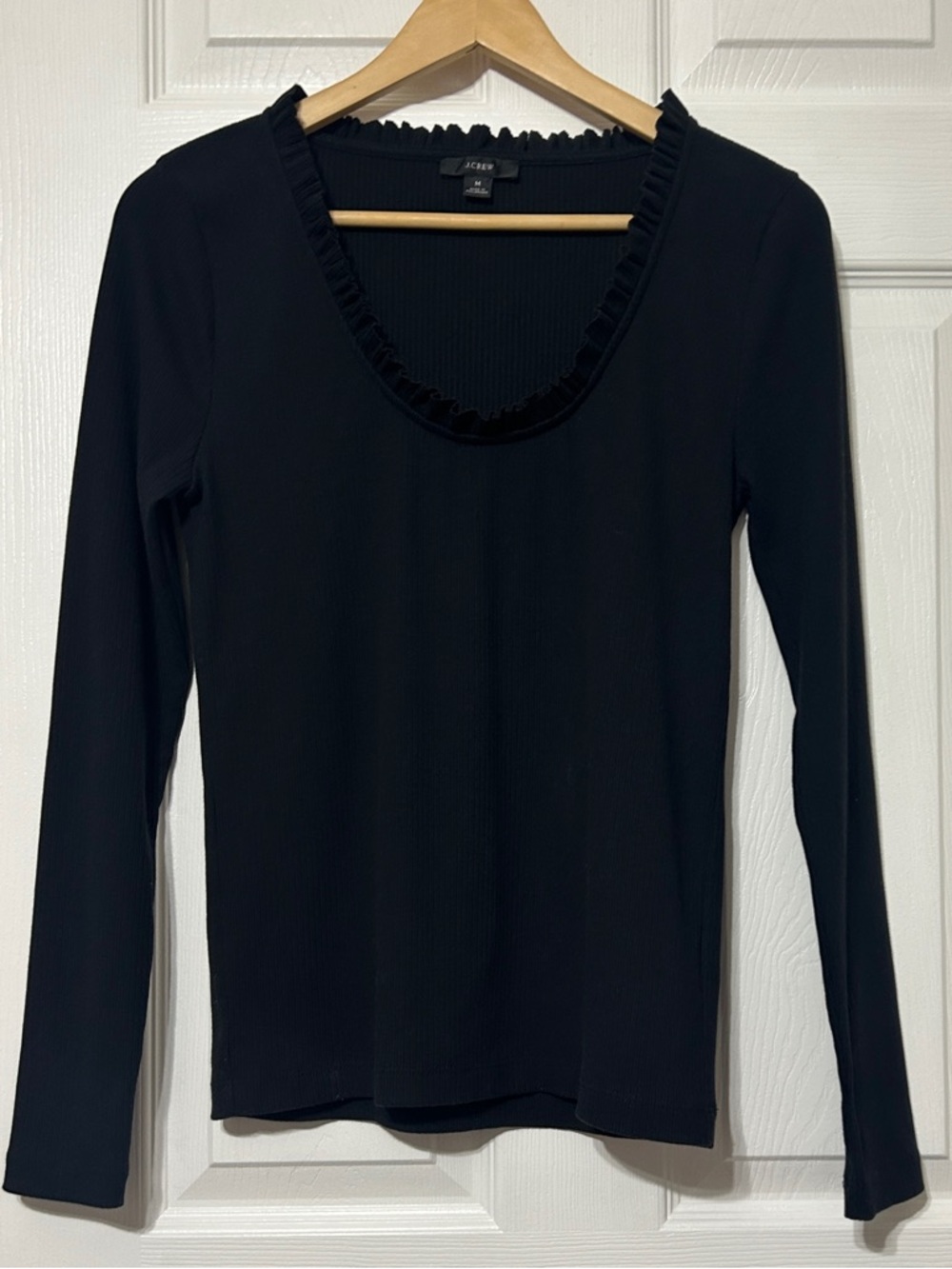 J.Crew Women’s Ribbed Knit Ruffle Neck Pullover Top Black Stretch Size M